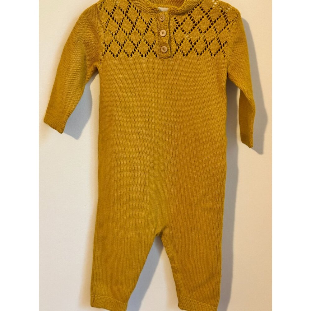 Fin & Vince Baby Knit Romper 6/12M Mustard Yellow Diamond Pattern Button-Up